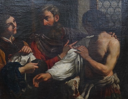 After Guercino, (Italian, 1591-1666), oil on canvas, Return of the Prodigal Son, unsigned, George Hilton & Sons Ltd., Haywards Heath label verso, 48 x 62cm. Condition - fair, some craquelure throughout and losses to the